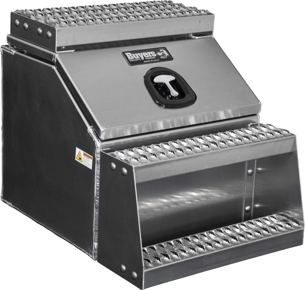 Buyers Products 1705286 Silver Smooth Aluminum WideOpen Class 8 Saddle Step Box, 28.5 x 22.25 x 23.3 Inch, Frame Steps with Side Storage, Locking Die-cast Compression Latch, Semi-Truck Tool Box