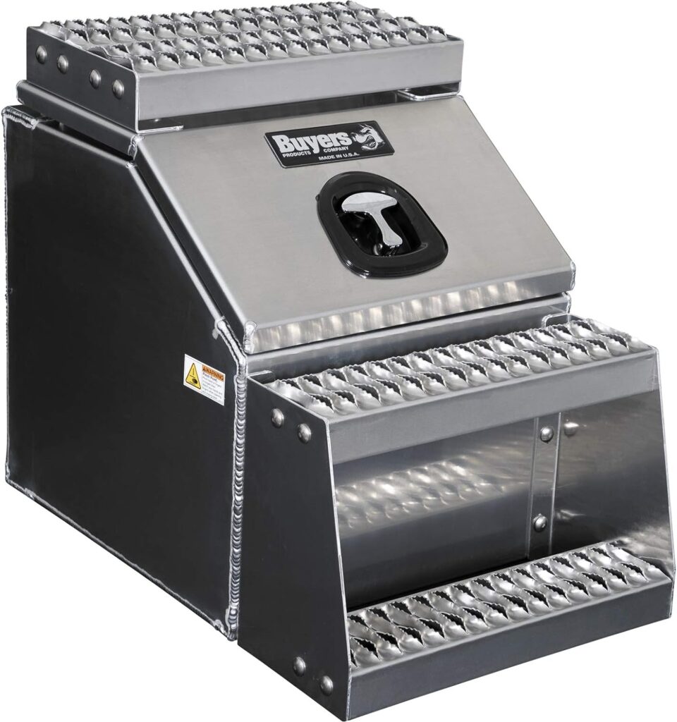 Buyers Products 1705286 Silver Smooth Aluminum WideOpen Class 8 Saddle Step Box, 28.5 x 22.25 x 23.3 Inch, Frame Steps with Side Storage, Locking Die-cast Compression Latch, Semi-Truck Tool Box