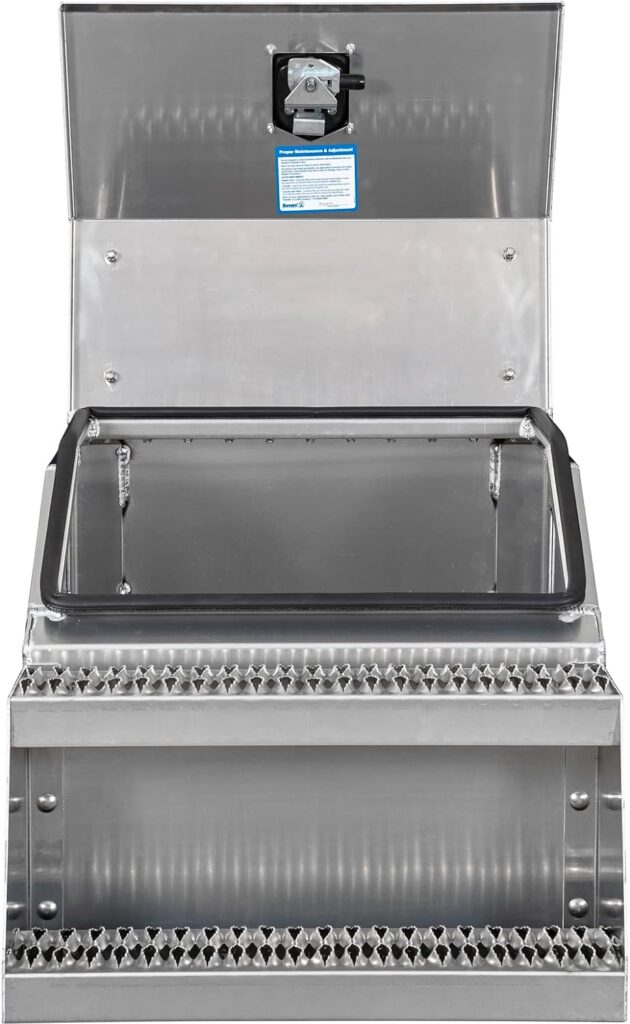 Buyers Products 1705286 Silver Smooth Aluminum WideOpen Class 8 Saddle Step Box, 28.5 x 22.25 x 23.3 Inch, Frame Steps with Side Storage, Locking Die-cast Compression Latch, Semi-Truck Tool Box