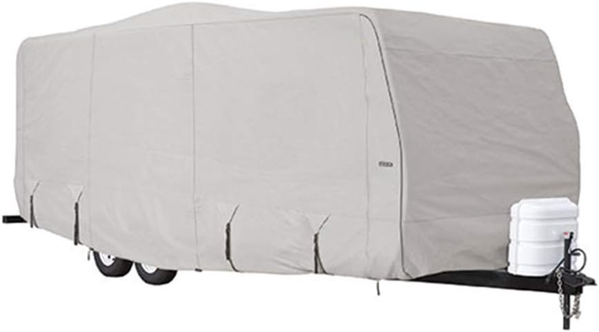 Eevelle Goldline Travel Trailer RV Cover - Waterproof, Heavy Duty, Marine Grade, UV Protection, Durable, Breathable, Anti Rot - Tan - Gray