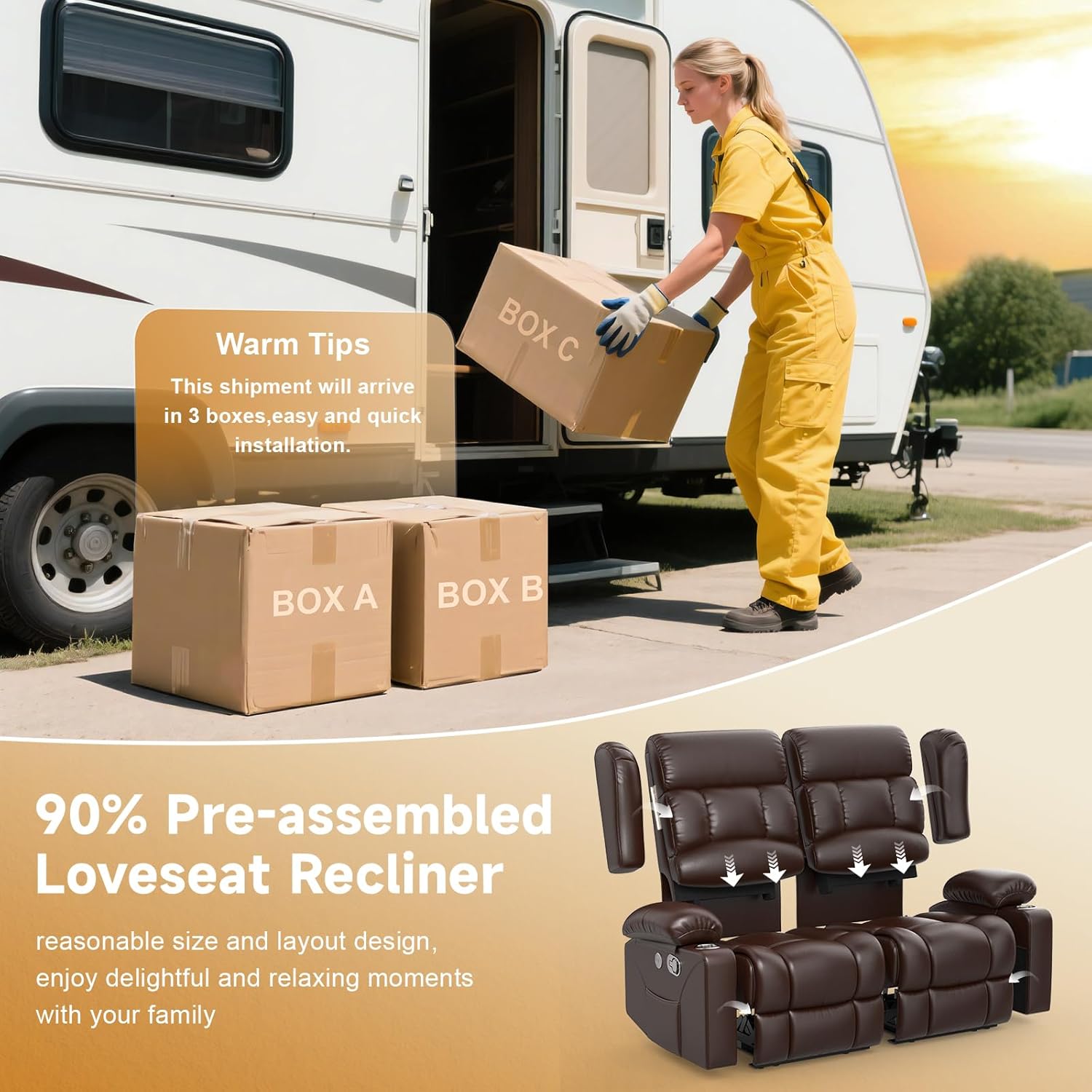 RV Loveseat Recliner Sofa, Wall Hugger Reclining Loveseat RV Couch with USB Ports, Large Pockets, Cup Holders, 150° Adjustable RV Recliners Furniture for Travel Trailers  Home Theater Seating