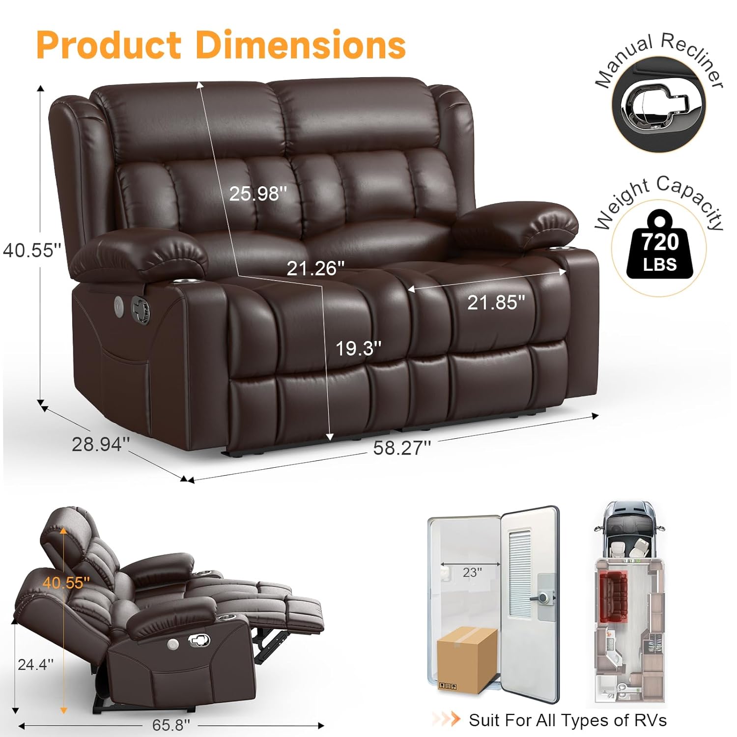 RV Loveseat Recliner Sofa, Wall Hugger Reclining Loveseat RV Couch with USB Ports, Large Pockets, Cup Holders, 150° Adjustable RV Recliners Furniture for Travel Trailers  Home Theater Seating