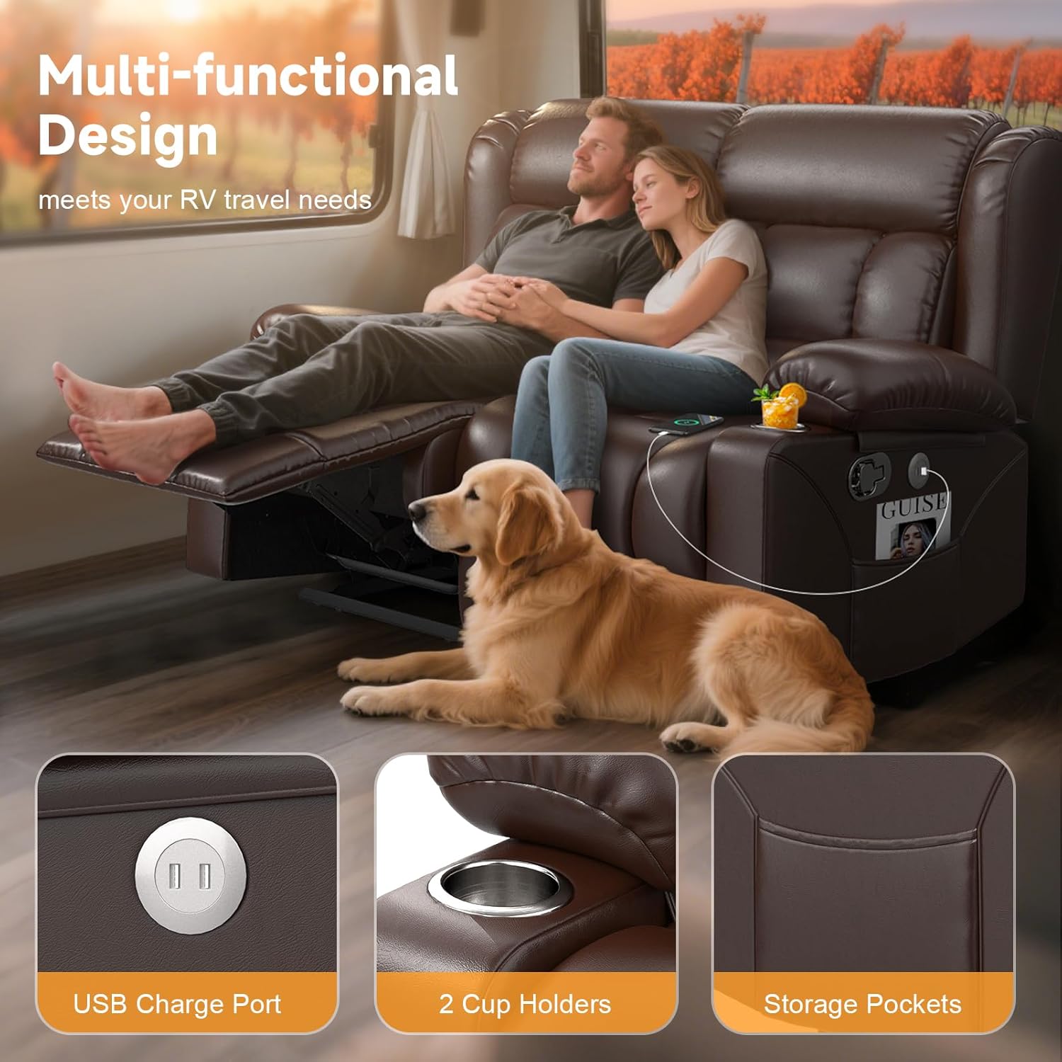 RV Loveseat Recliner Sofa, Wall Hugger Reclining Loveseat RV Couch with USB Ports, Large Pockets, Cup Holders, 150° Adjustable RV Recliners Furniture for Travel Trailers  Home Theater Seating