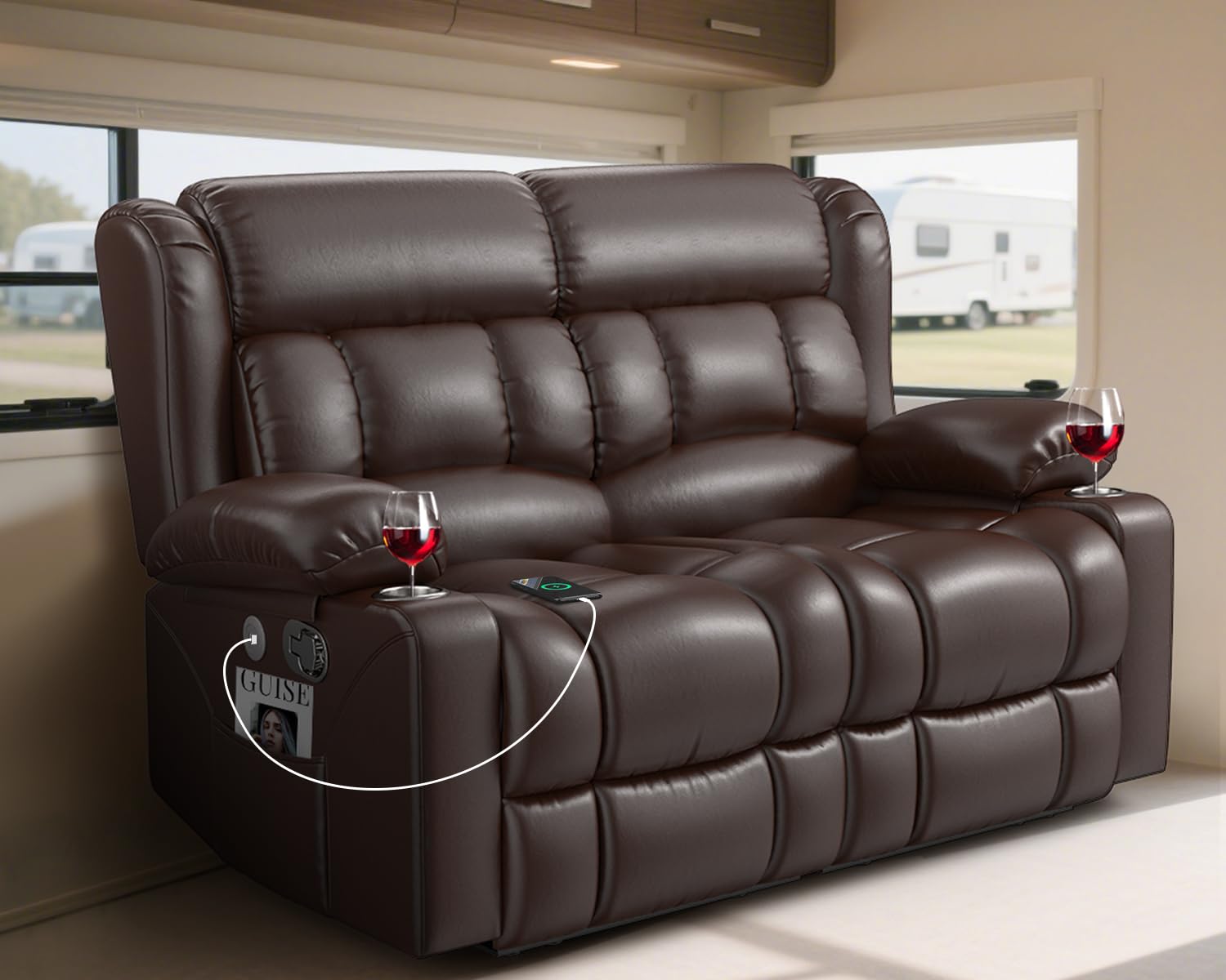 RV Loveseat Recliner Sofa, Wall Hugger Reclining Loveseat RV Couch with USB Ports, Large Pockets, Cup Holders, 150° Adjustable RV Recliners Furniture for Travel Trailers  Home Theater Seating