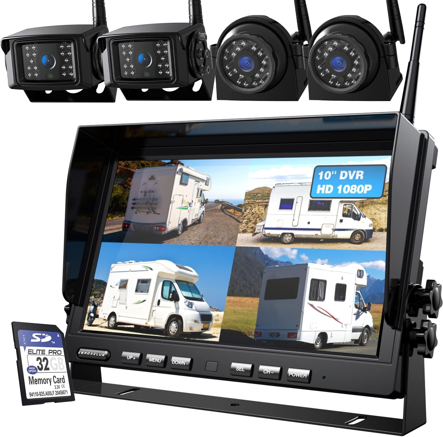 10 1080P Wireless Backup Camera System, 10 Inch DVR Quad Split Monitor Wireless Rear Side View Cameras, IP69 Waterproof Digital Signal Record System for RV/Truck/Trailer/Camper-BW104SL