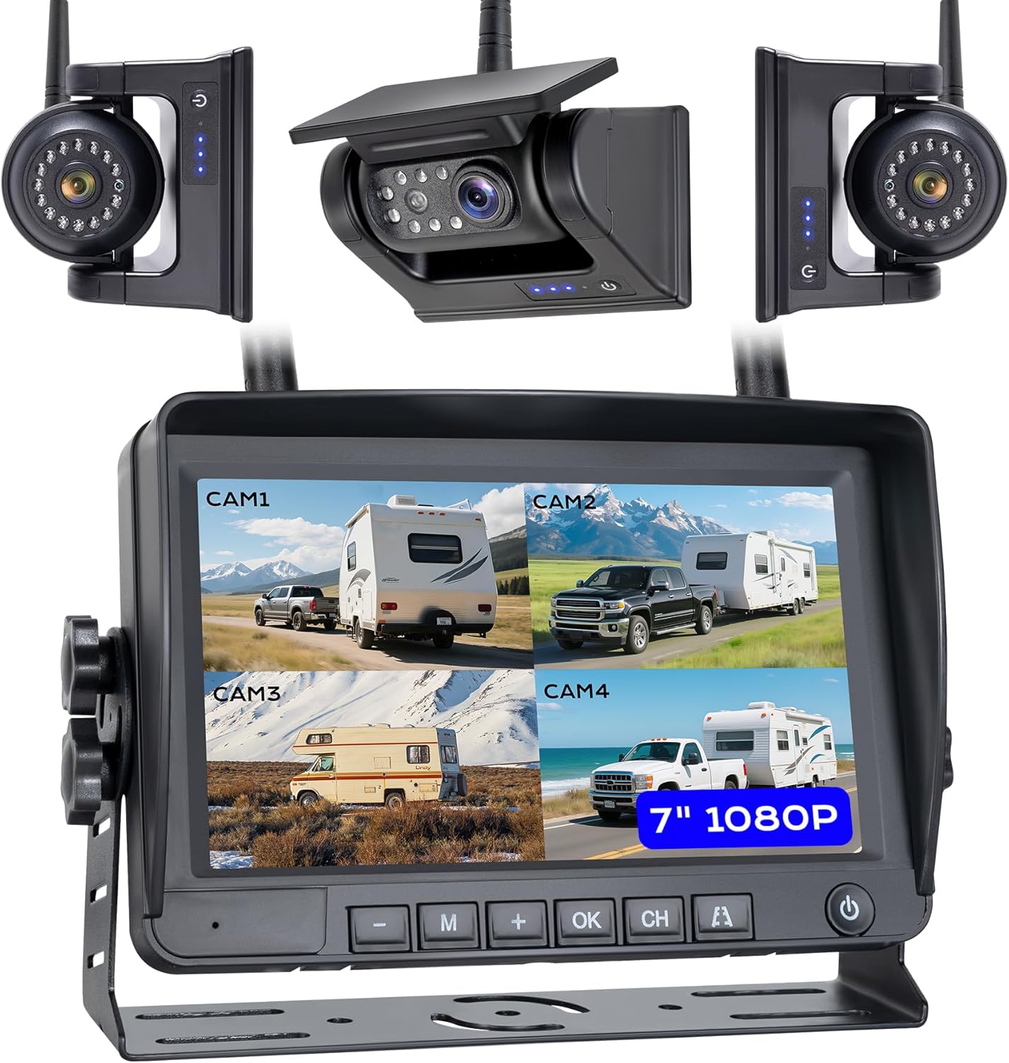 7 3-Magnetic Wireless RV Backup Camera, HD1080P DVR Monitor, IP69 Waterproof  IR Night Vision 3x9600mAh Rechargeable Cameras, 2 Side Cameras  1 Rear Camera for Trailer Truck Camper-WS703