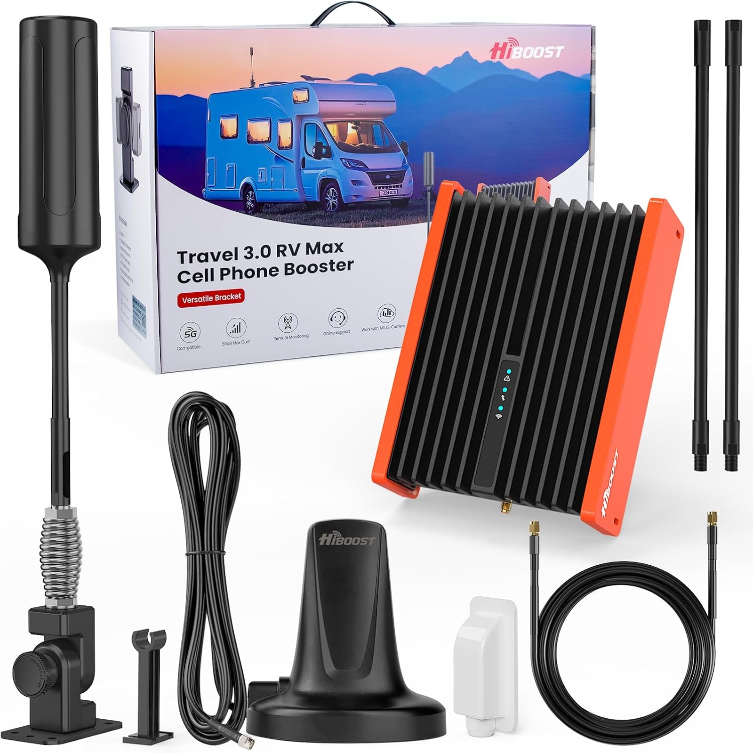 HiBoost Cell Phone Booster for RV |Travel 3.0 RV Max Signal Booster| 2025 New Version | Boosts 4G 5G LTE | Cell Booster | Folding Antenna Bracket |All U.S.Carriers Verizon,ATT,T-Mobile FCC Approved