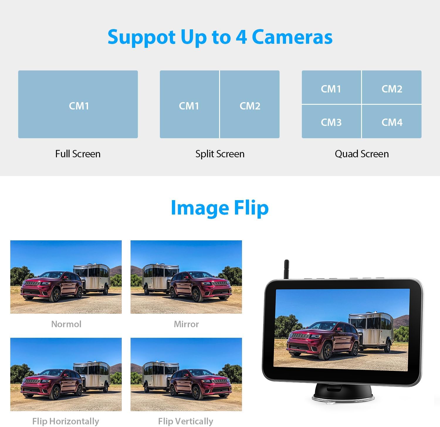 4 Magnetic Solar Wireless Backup Camera HD1080P 9 Loop Recording Monitor, Quad RV Rearview Backup Cameras Wireless System for Trailer RV Trucks, Built-in 9600mAh Solar Battery, BL904