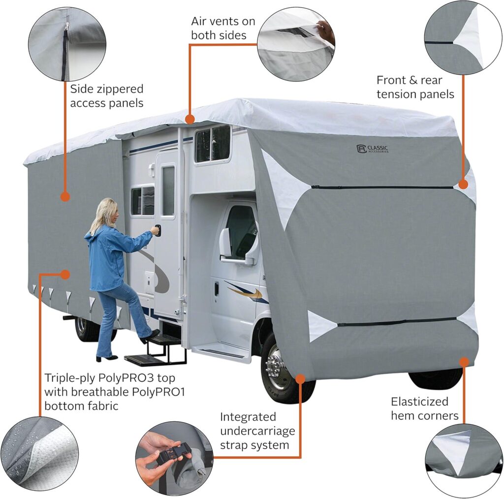 Classic Accessories Over Drive PolyPRO 3 Deluxe Class C RV Cover, Fits 23 - 26 RVs, Model 3, Air Vents, Water-Repellant Top Panel, Durable, Breathable, Resists Tears and Rips, Grey/White