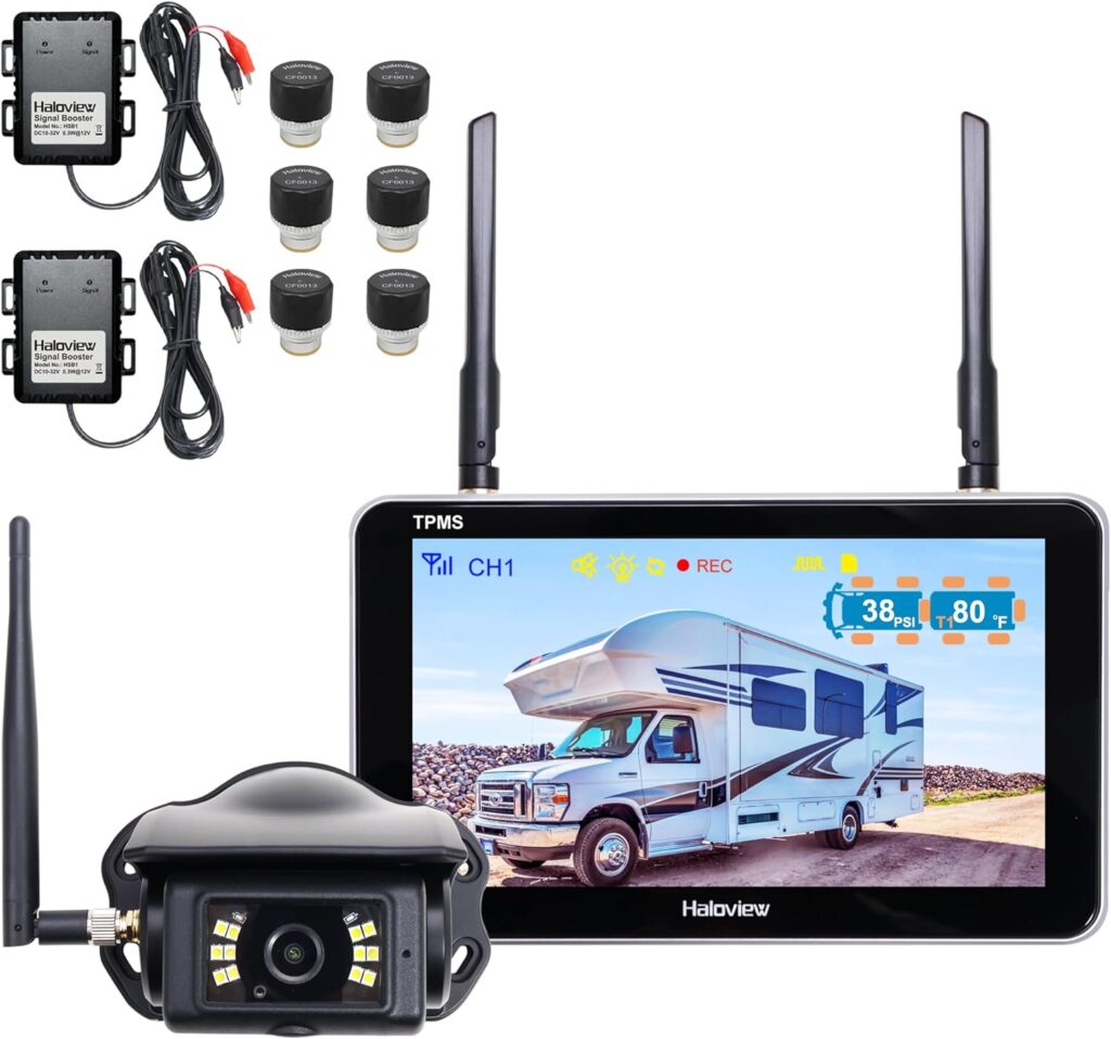 Haloview Byte Tango BT7 TPMS with 6 Sensors 1080P Wireless Backup Camera System with Integrated Rv Tire Pressure Monitoring System for RV Truck Trailer Camper TPMS-6 Haloview Byte Tango BT7 TPMS with 6 Sensors 1080P Wireless Backup Camera System with Integrated Rv Tire Pressure Monitoring System for RV Truck Trailer Camper TPMS-6