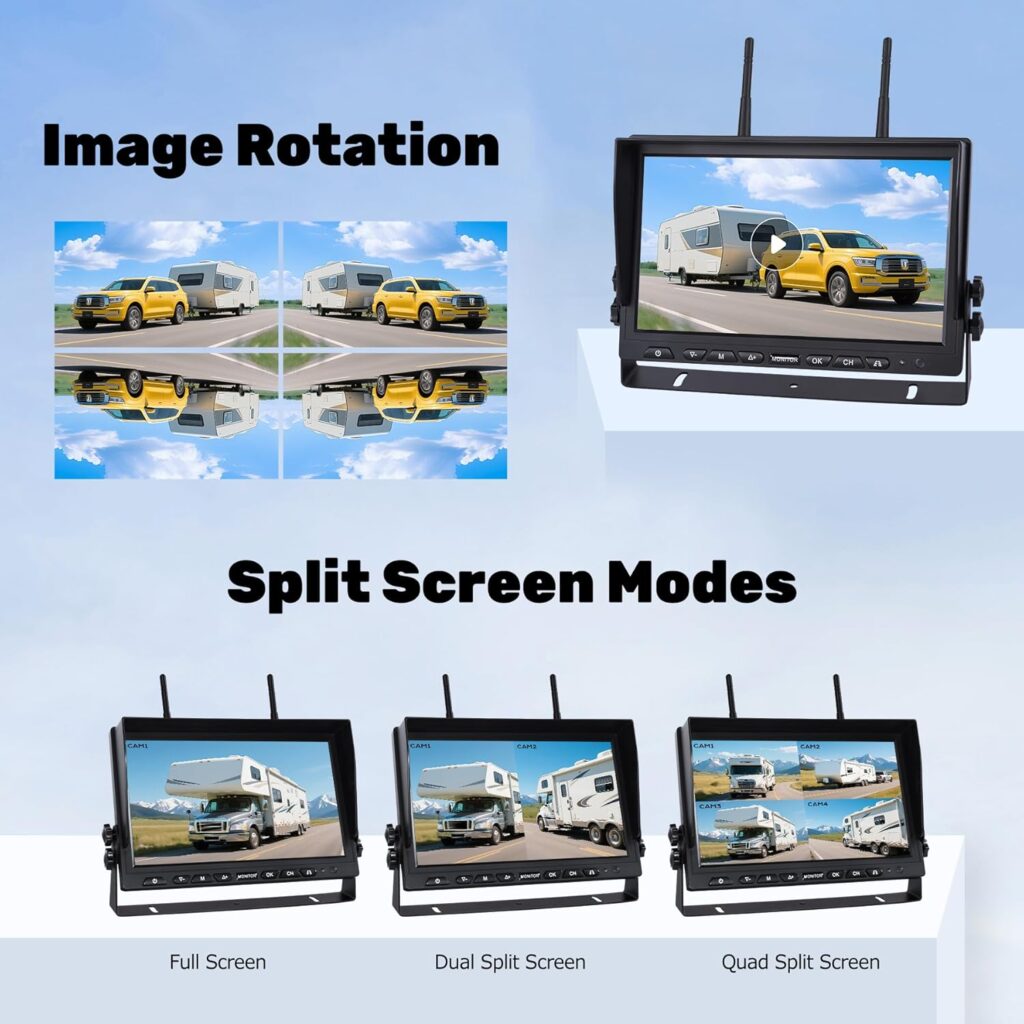 10.1 4-Magnetic Wireless RV Backup Camera, HD1080P DVR Monitor, IP69 Waterproof  IR Night Vision 4x9600mAh Rechargeable Cameras, 2 Side Camera  2 Rear Camera for Trailer Truck Camper-WS4
