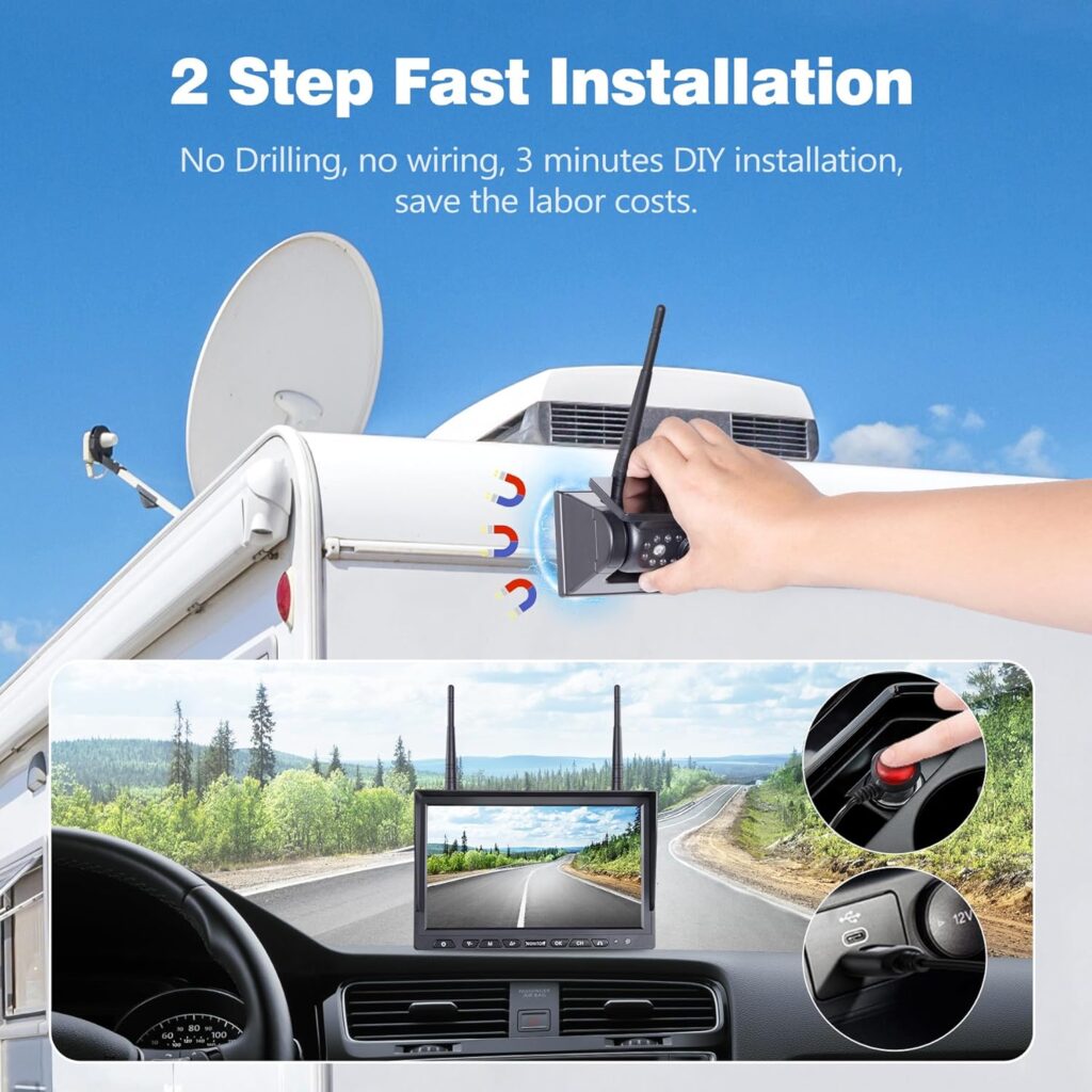 10.1 4-Magnetic Wireless RV Backup Camera, HD1080P DVR Monitor, IP69 Waterproof  IR Night Vision 4x9600mAh Rechargeable Cameras, 2 Side Camera  2 Rear Camera for Trailer Truck Camper-WS4