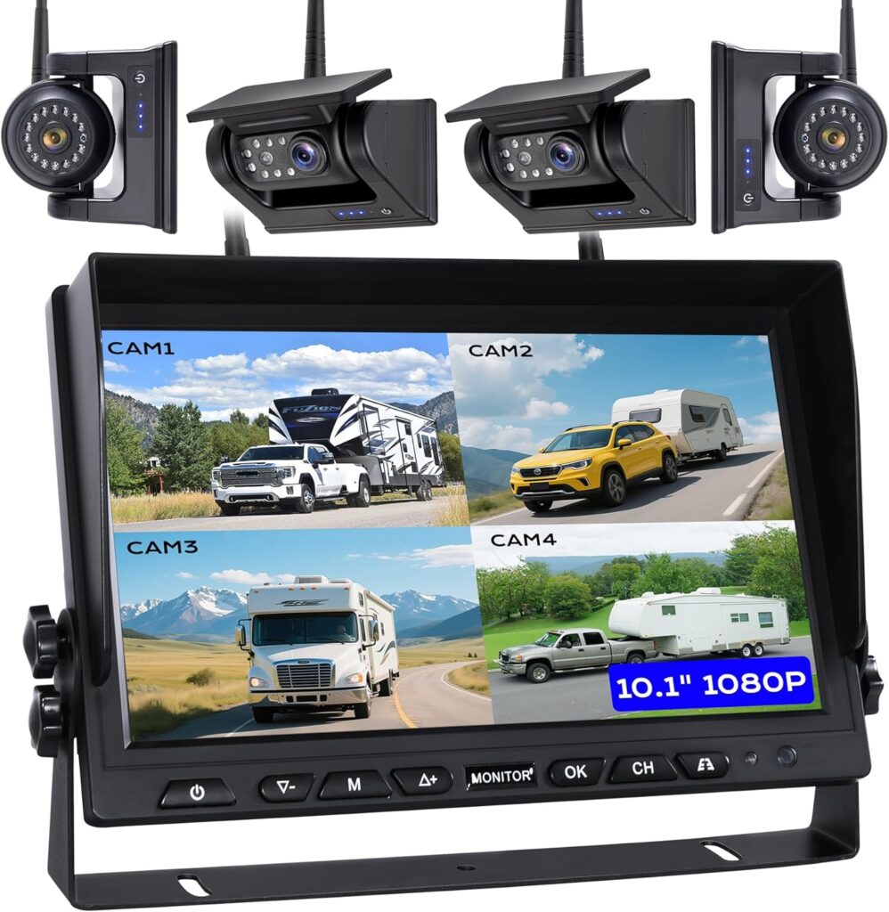 10.1 4-Magnetic Wireless RV Backup Camera, HD1080P DVR Monitor, IP69 Waterproof  IR Night Vision 4x9600mAh Rechargeable Cameras, 2 Side Camera  2 Rear Camera for Trailer Truck Camper-WS4